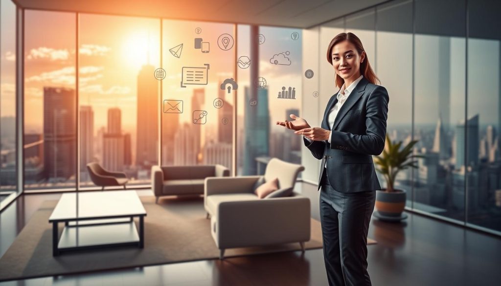 A vibrant, dynamic image showcasing the concept of "leviers portage salarial" (employment levers) in the Umalis Group context. In the foreground, a professional individual, elegantly dressed, stands confidently, gesturing towards various employment-related icons and symbols floating around them. The middle ground features a sleek, modern office setting, with minimalist furniture and decor, creating a sense of sophistication. In the background, a cityscape with towering skyscrapers and a vibrant, sun-drenched sky, conveying a sense of urban energy and opportunity. The lighting is warm and directional, casting subtle shadows and highlights to accentuate the subject matter. The overall composition and mood evoke a sense of professionalism, empowerment, and the potential for career growth within the Umalis Group's portage salarial services.