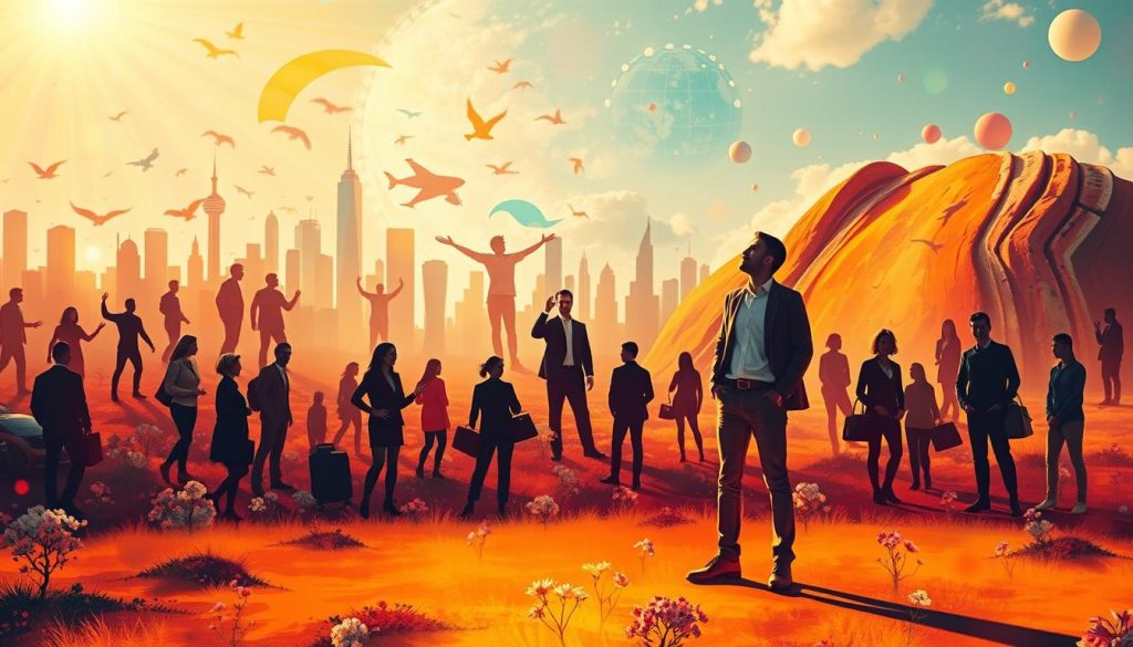 A vibrant, dynamic scene capturing the essence of career flexibility. In the foreground, a person stands in a relaxed, confident pose, symbolizing their adaptability and openness to new opportunities. The middle ground features a diverse array of career paths, represented by various silhouettes and shapes, conveying the multitude of possibilities. The background is a luminous, kaleidoscopic landscape, bathed in warm, golden light, evoking a sense of boundless potential and optimism. The overall composition emphasizes the freedom, empowerment, and excitement that come with embracing career flexibility.