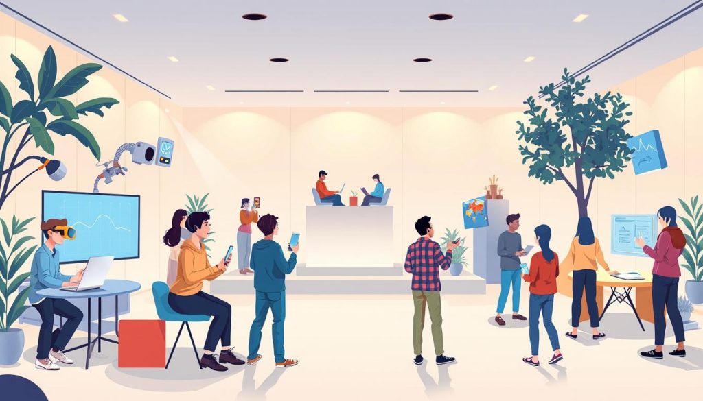 A vibrant, dynamic scene depicting diverse "innovative training methods" for skill development. In the foreground, a group of people engage in immersive, hands-on learning experiences, using cutting-edge technologies like virtual reality, 3D modeling, and interactive simulations. The middle ground showcases more traditional methods blended with modern approaches, such as collaborative problem-solving workshops and personalized coaching sessions. In the background, a serene, minimalist environment with clean lines and warm lighting sets the stage for a holistic, transformative learning journey. The overall mood is one of exploration, creativity, and a sense of empowerment, reflecting the transformative potential of innovative training methods.