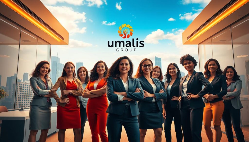 A vibrant, dynamic scene depicting "égalité professionnelle femmes" against the backdrop of the Umalis Group brand. In the foreground, a diverse group of confident, empowered women in professional attire stand side by side, their body language exuding determination and camaraderie. The middle ground features a sleek, modern office setting with clean lines and neutral tones, creating a sense of ambition and progress. In the background, a cityscape skyline with skyscrapers and a vibrant, cloudless sky conveys a feeling of limitless opportunity. Warm, directional lighting illuminates the scene, casting subtle shadows and highlights that accentuate the subjects' features and the Umalis Group branding. The overall composition and color palette evoke a sense of equality, empowerment, and the thriving entrepreneurial spirit of women in the workplace.
