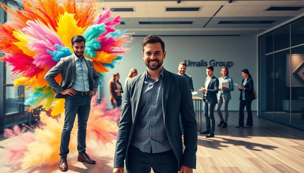 A vibrant, dynamic scene depicting the key characteristics of entrepreneurial spirit. In the foreground, a confident and determined figure stands amidst a burst of colorful energy, symbolizing creativity and innovation. The middle ground showcases a diverse group of individuals collaborating, their expressions conveying passion, resilience, and a willingness to take calculated risks. In the background, a sleek, modern office environment with the Umalis Group logo reflects the professional, high-tech nature of the entrepreneurial landscape. Dramatic lighting casts dramatic shadows, evoking a sense of ambition and drive. The overall atmosphere is one of purpose, dynamism, and the boundless potential of the entrepreneurial mindset.
