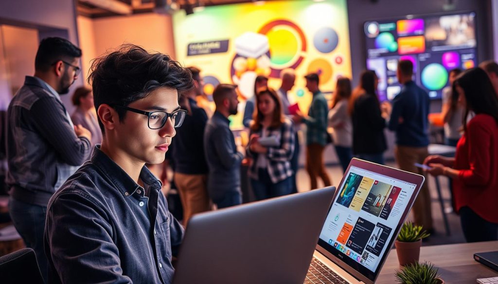A vibrant, dynamic scene of a diverse group of individuals engaged in various professional activities. In the foreground, a young, creative freelancer reviews their portfolio on a sleek, modern laptop, their face illuminated by the soft, ambient lighting. In the middle ground, a group of colleagues discuss ideas and collaborations, their body language animated and engaged. In the background, a bustling office environment with people networking, brainstorming, and sharing their work on large, interactive displays. The overall atmosphere conveys a sense of professionalism, creativity, and a vibrant freelance community.