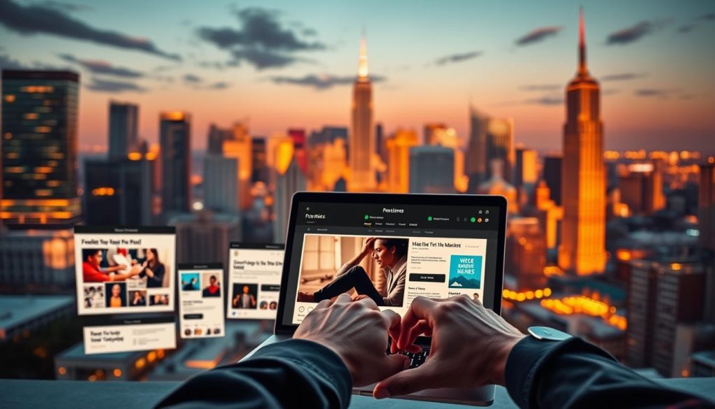 A vibrant, dynamic scene of a freelance portfolio being actively marketed. In the foreground, a designer's hands showcase their work on a sleek, modern laptop, illuminated by warm, directional lighting. The mid-ground features an array of digital marketing materials - social media posts, email templates, and web design mockups - all conveying the freelancer's expertise. In the background, a bustling city skyline sets the stage, symbolizing the high-energy, globally-connected world of freelance work. The overall composition suggests a professional, polished approach to self-promotion, with an inviting, aspirational tone that entices potential clients.