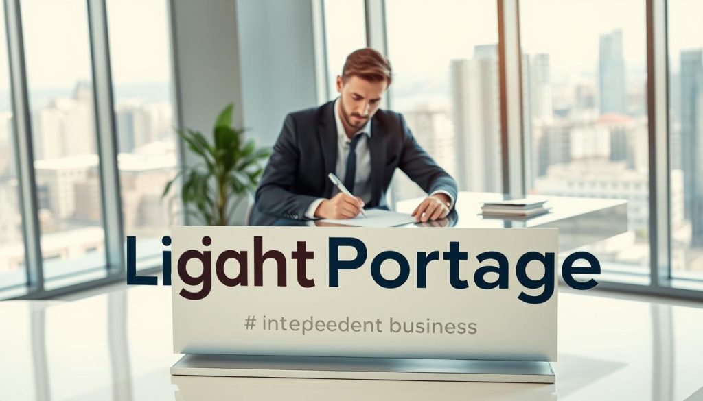 A vibrant, dynamic scene of a new independent business venture. In the foreground, the "Light Portage" logo stands prominently, conveying a sense of professionalism and entrepreneurial spirit. The middle ground features a person, dressed in smart casual attire, confidently signing documents on a sleek desk, surrounded by a modern, minimalist office space filled with natural light. In the background, cityscape views suggest an urban, cosmopolitan setting, hinting at the wealth of opportunities available to the independent professional. The overall mood is one of determination, optimism, and a bold step into a new chapter of entrepreneurship.