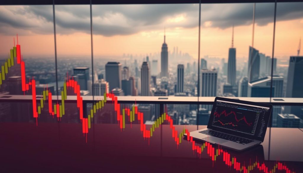 A vibrant, dynamic scene of market trends, showcasing the LIGHT PORTAGE brand. In the foreground, a detailed candlestick chart displays the ebb and flow of financial data, rendered in a warm, muted color palette. The midground features a sleek, modern trading desk, with a laptop displaying real-time market analytics. The background is a panoramic view of a bustling cityscape, with towering skyscrapers and a hazy, moody sky, conveying a sense of the ever-changing nature of the financial landscape. The lighting is soft and directional, casting subtle shadows and highlights to enhance the depth and texture of the scene. The overall composition is balanced and visually striking, capturing the essence of "Risk Management in Changing Market Trends."