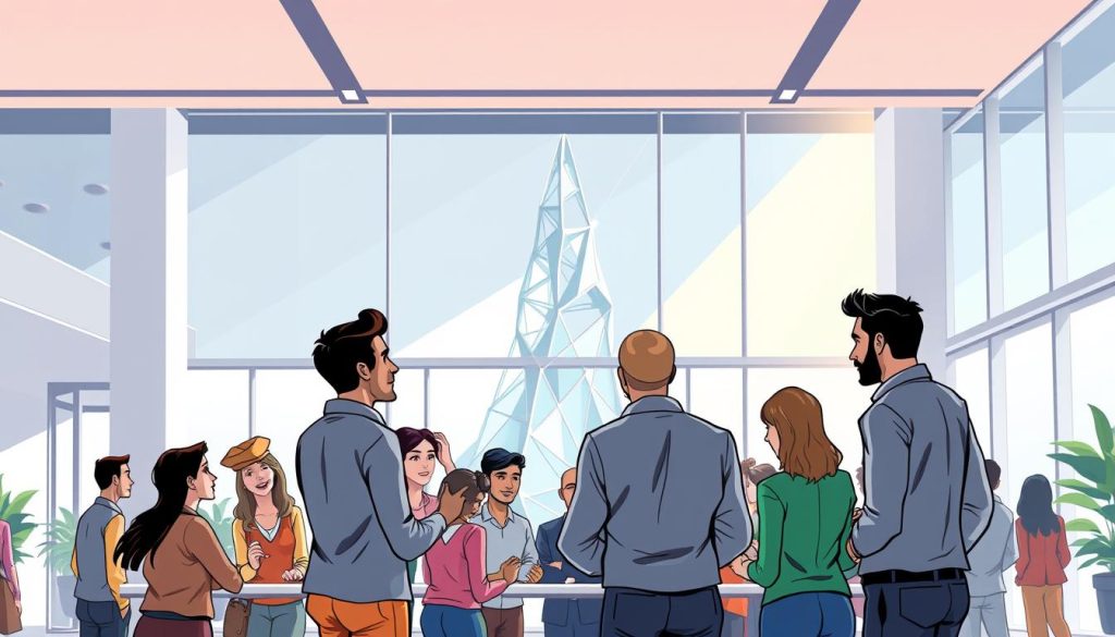 A vibrant, dynamic scene of organizational culture transformation. In the foreground, a diverse group of employees collaborating, their body language and facial expressions conveying a sense of energy and engagement. The middle ground features a sleek, modern office environment with minimalist design elements and natural lighting flooding the space. In the background, an abstract representation of organizational change - a towering, shifting structure of interconnected shapes and lines, symbolizing the adaptability and resilience of the company's culture. The overall mood is one of positive disruption, where a spirit of innovation and flexibility permeates the workspace.