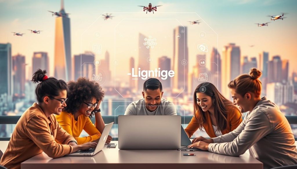 A vibrant, dynamic scene showcasing AI-powered freelance platforms. In the foreground, a group of diverse freelancers collaborating on their laptops, the "Light Portage" brand prominently displayed. In the middle ground, a holographic interface projects task automation and workflow optimization tools. The background depicts a futuristic cityscape, skyscrapers and drones creating a sense of advanced technology. Warm lighting casts a productive, energetic atmosphere, while a slight depth of field blur suggests the rapid pace of this AI-driven freelance ecosystem.