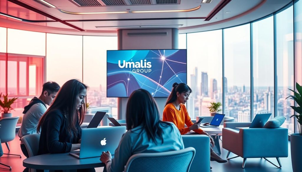 A vibrant, dynamic scene showcasing the concept of "portage salarial communication" for the Umalis Group. In the foreground, a diverse group of communication professionals collaborating on a project, their laptops and mobile devices illuminated by soft, natural lighting. In the middle ground, a futuristic office space with sleek, minimalist furnishings and a large, interactive display screen showcasing the Umalis Group branding. The background features a panoramic city skyline, hinting at the global reach and interconnectivity of the communication industry. The overall mood is one of innovation, efficiency, and the power of collaborative, technology-driven communication.