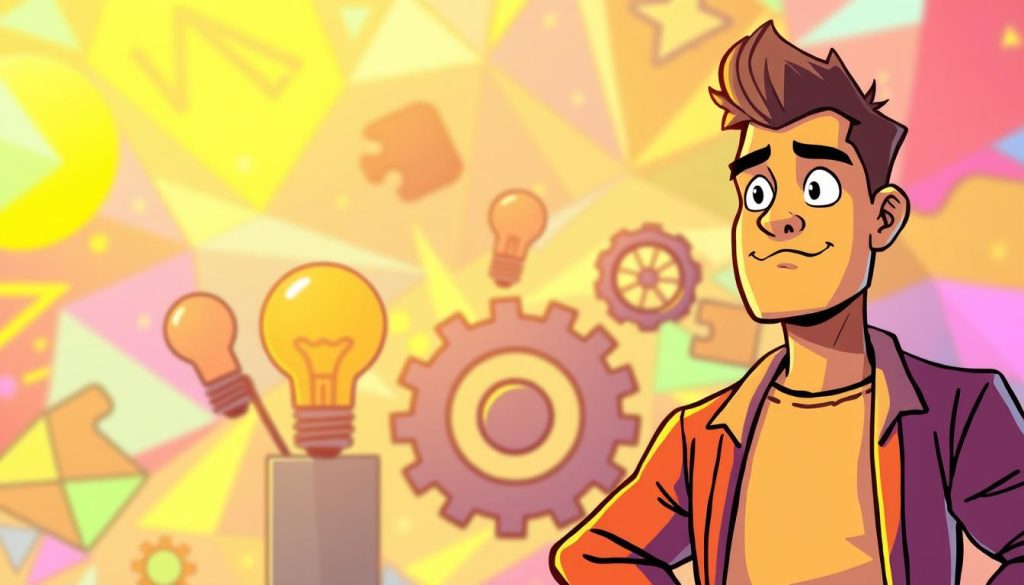 A vibrant, dynamic scene showcasing the key characteristics of an entrepreneurial spirit. In the foreground, a confident, driven individual stands tall, exuding a sense of determination and ambition. Their gaze is focused, radiating a sense of purpose. In the middle ground, various symbols of success and innovation come together - a lightbulb representing creativity, a puzzle piece symbolizing problem-solving, and a gear mechanism denoting a strong work ethic. The background is a kaleidoscope of colors, hinting at the boundless potential and adaptability inherent in an entrepreneurial mindset. Warm, golden lighting casts a glow over the scene, conveying a sense of optimism and opportunity. The overall composition captures the essence of the 13 key characteristics that define an entrepreneurial spirit.