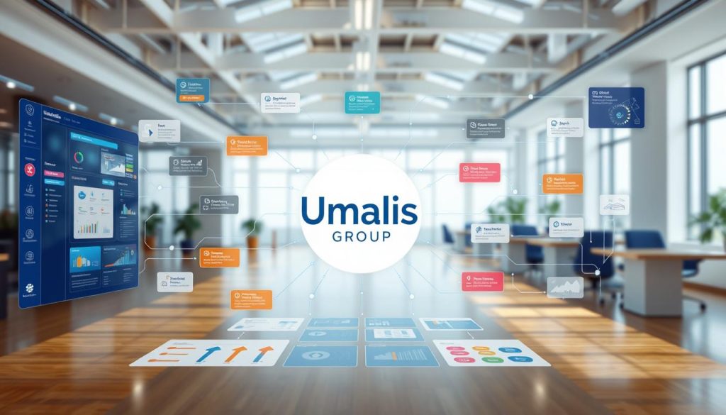 A vibrant, dynamic workflow design centered around the "Umalis Group" logo, showcasing a visually engaging layout of interconnected processes and tasks. The foreground features a sleek, minimalist interface with clean lines, colorful icons, and intuitive navigation elements. The middle ground depicts an array of data visualizations, charts, and interactive dashboards, reflecting the efficient management of project milestones and task progress. The background reveals an expansive, airy workspace with natural lighting, fostering a sense of openness and productivity. The overall composition conveys a harmonious balance between structure, automation, and human-centered design, embodying the principles of autonomy and control.