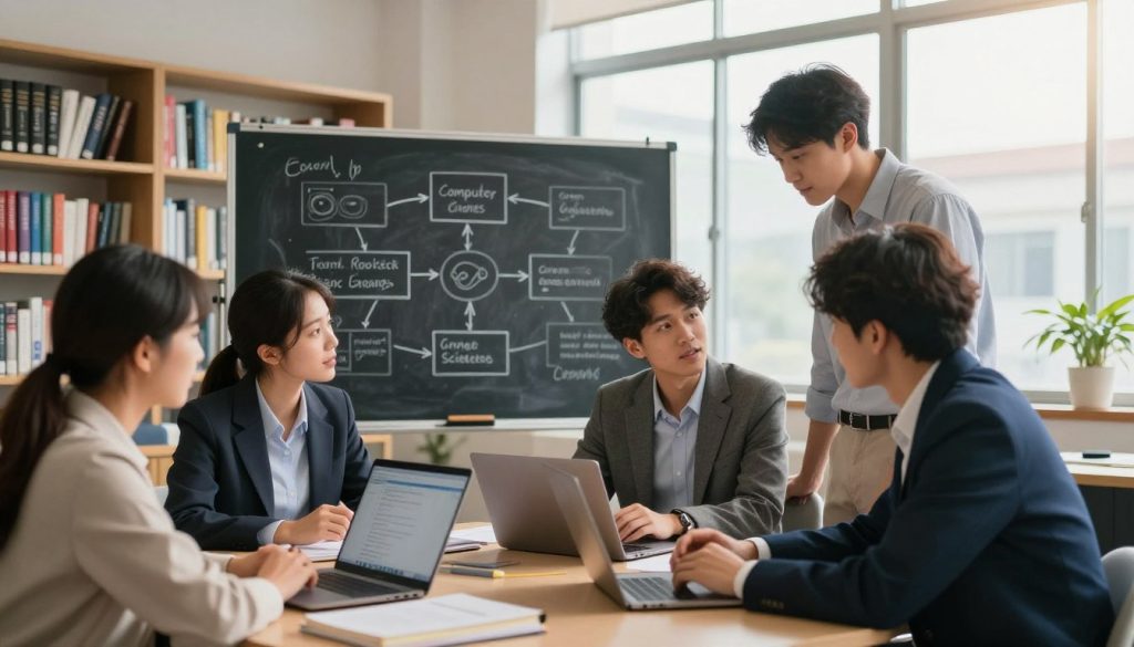 A vibrant educational setting depicting a diverse group of professionals engaged in a collaborative learning environment about computer science careers. In the foreground, a group of three individuals in professional attire—two men and one woman—are intently discussing around a table filled with laptops and books. The middle ground features a large chalkboard with diagrams and flowcharts illustrating the academic path in computer science. The background showcases shelves filled with tech-related literature and a large window allowing natural light to flood the room, creating an inviting atmosphere. The lighting is warm and focused, highlighting the teamwork and enthusiasm present. Capture the sense of ambition and growth in this inspiring academic scene, showcasing the journey towards becoming a computer scientist.