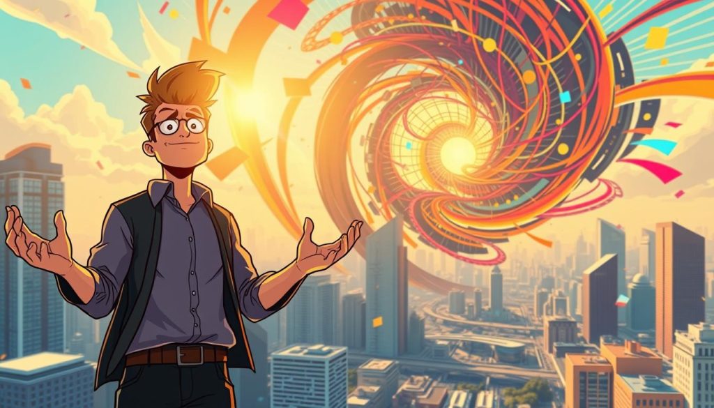 A vibrant entrepreneurial spirit, captured in a dynamic digital illustration. In the foreground, a determined individual stands tall, eyes shining with ambition, hands outstretched as if grasping for new opportunities. The middle ground features a bustling cityscape, skyscrapers and infrastructure representing the foundations of a thriving entrepreneurial ecosystem. In the background, a swirling vortex of colorful shapes and lines symbolizes the energy, innovation, and limitless potential of an entrepreneurial mindset. Warm, golden lighting casts a hopeful glow, while a cinematic camera angle emphasizes the subject's confident pose and the grand scale of the scene. This image aims to inspire and empower the viewer to cultivate their own entrepreneurial spirit.