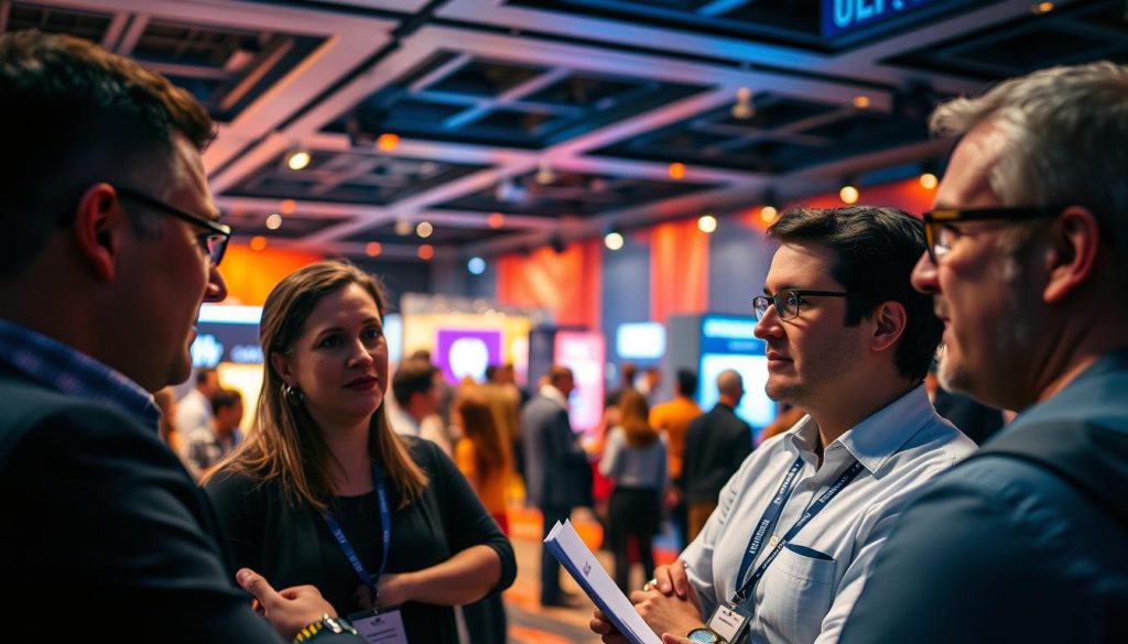 A vibrant event scene captured through a crisp, documentary-style lens. In the foreground, a group of professional event coordinators from the Umalis Group, deep in discussion, their expressions animated as they review case studies and share insights. The middle ground reveals a bustling event venue, with attendees networking and engaging with interactive displays. The background is bathed in warm, theatrical lighting, creating a sense of energy and excitement. The overall composition conveys the dynamic, collaborative nature of the event management industry, inviting the viewer to immerse themselves in the "Cas d'études et retours d'expérience" showcased.