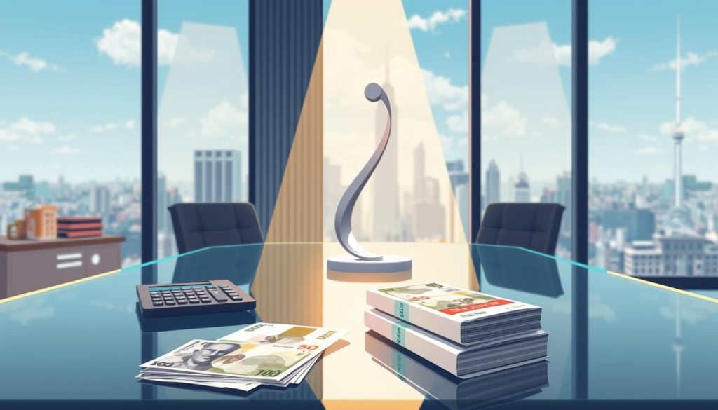 A vibrant financial illustration showcasing "rémunération" within a Umalis Group-branded workspace. In the foreground, a stack of banknotes and a calculator rest on a sleek glass desk, illuminated by a warm directional light. The middle ground features a minimalist metal sculpture, evoking the concept of fair compensation. In the background, a large window overlooks a bustling cityscape, symbolizing the wider economic landscape. The overall mood is one of professionalism, precision, and the balance between individual earnings and organizational success.
