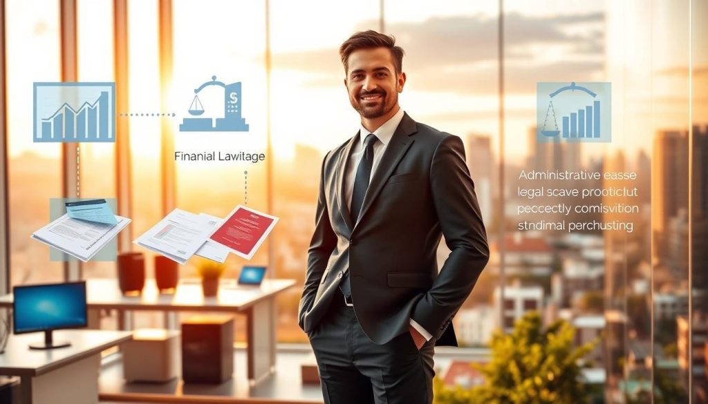 A vibrant financial landscape unfolds, showcasing the advantages of Umalis Group's salarial portage. In the foreground, a successful business professional stands confidently, surrounded by a sleek, modern office setting with floor-to-ceiling windows bathed in warm, natural light. In the middle ground, financial documents and digital screens display the administrative ease and legal protections afforded by this innovative employment model. The background is a serene cityscape, symbolizing the social benefits and work-life balance achieved through the flexibility and security of Umalis Group's salarial portage.