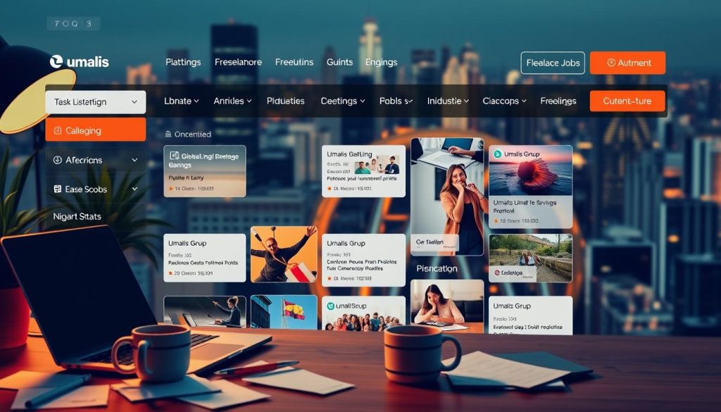A vibrant freelance platform interface with sleek, intuitive design and an array of job listings, task management tools, and client communication features. In the foreground, a workspace scene with a laptop, coffee mug, and scattered notes, illuminated by soft, warm lighting. In the middle ground, a grid of freelance job postings from various industries, each featuring the Umalis Group brand. The background depicts a bustling cityscape, hinting at the global connectivity and opportunities available to freelancers on the platform. The overall atmosphere conveys a sense of productivity, opportunity, and the flexibility of the freelance lifestyle.