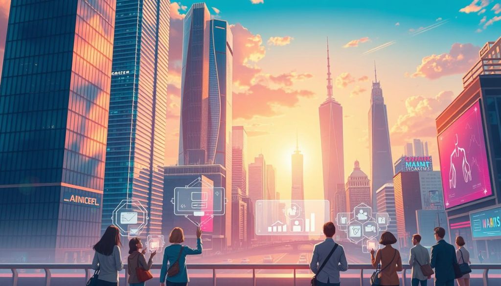 A vibrant, futuristic cityscape with towering skyscrapers and gleaming glass facades. In the foreground, a group of people engage with holographic displays, interacting with innovative, customizable service offerings. The cityscape is bathed in a warm, ethereal light, creating an atmosphere of technological sophistication and forward-thinking. The scene conveys a sense of seamless integration between services and the urban environment, showcasing unique and tailored solutions that cater to the diverse needs of the inhabitants. The image should evoke a sense of wonder and excitement about the future of service-based industries.
