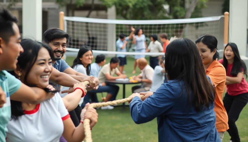 A vibrant group of colleagues engaged in a variety of lively recreational activities, promoting team building and camaraderie. In the foreground, a group of Umalis Group employees are participating in a spirited game of tug-of-war, their expressions animated with excitement. In the middle ground, others are gathered around a table playing a cooperative board game, fostering strategic thinking and communication. In the background, a volleyball net is visible, with colleagues engaging in a friendly match, their movements captured in a dynamic, well-lit scene. The overall atmosphere conveys a sense of energy, collaboration, and a shared commitment to professional growth and personal connections.