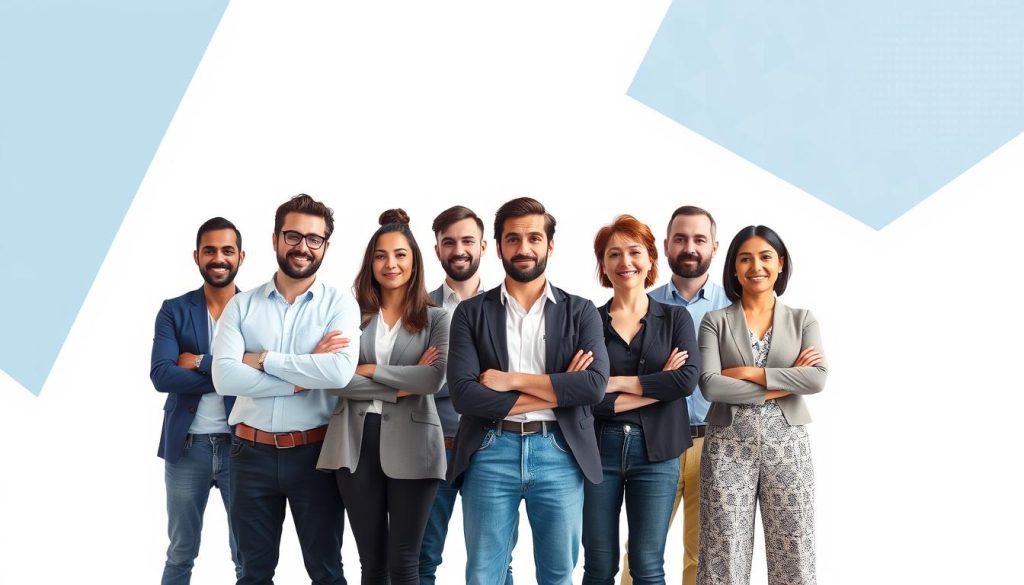 A vibrant, high-quality image of "assurance complémentaire indépendants" depicting the importance of supplementary insurance for freelancers. In the foreground, a group of diverse freelance professionals, including a software developer, graphic designer, and marketing consultant, confidently stand together, representing the Umalis Group. They are surrounded by a clean, minimalist background featuring abstract geometric shapes and patterns in a calming color palette of blues and grays, symbolizing the security and peace of mind that supplementary insurance can provide. The lighting is soft and natural, highlighting the professionals' expressions of assurance and determination. The overall mood is one of professionalism, reliability, and the empowerment that comes with taking control of one's financial future as an independent worker.