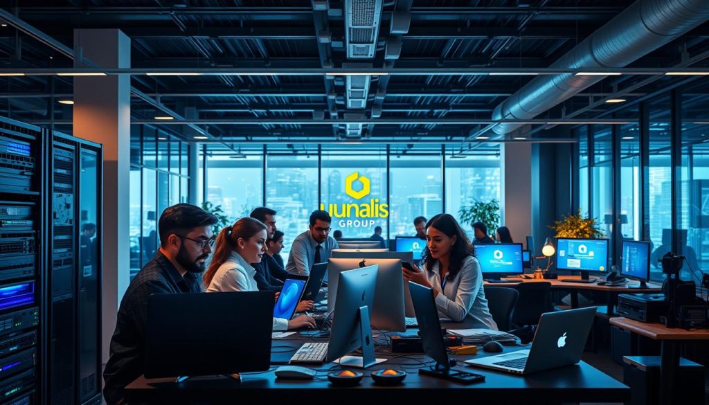 A vibrant, highly detailed, and cinematic image of "métiers informatique" (IT professions) against a backdrop of the Umalis Group brand. In the foreground, a diverse team of software engineers, data analysts, and cybersecurity experts collaborating on various digital projects, their faces illuminated by the glow of computer screens. In the middle ground, a mix of cutting-edge hardware, including servers, networking equipment, and the latest laptops and tablets. In the background, a sleek, modern office environment with floor-to-ceiling windows, contemporary furniture, and subtle Umalis Group branding elements. The scene is bathed in a warm, ambient lighting that creates a sense of professionalism and technological advancement.