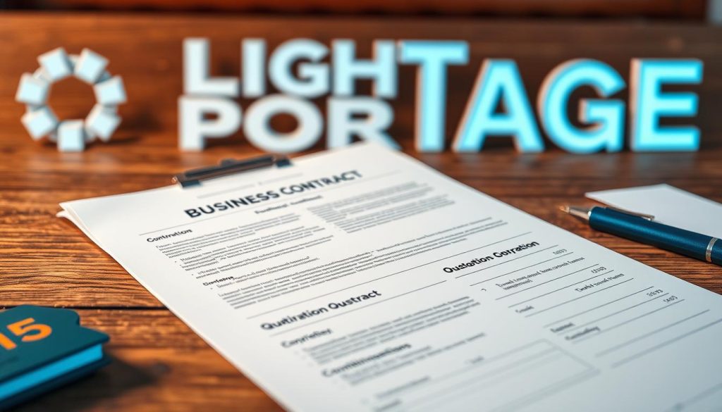A vibrant, highly detailed image of a business contract and quotation document on a wooden desk, with the LIGHT PORTAGE brand name prominently displayed in the background. The contract and quotation are neatly organized, with clean typography and professional formatting, conveying a sense of order and professionalism. The lighting is soft and diffused, creating a warm, inviting atmosphere. The angle is slightly elevated, allowing the viewer to see the full layout of the documents. The overall mood is one of efficiency, attention to detail, and a commitment to providing high-quality services.