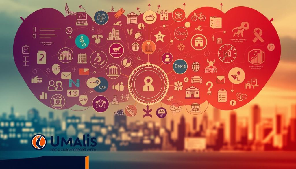 A vibrant illustration depicting the diverse social security systems, a visual tapestry woven with the intricate threads of government programs, private insurance, and individual obligations. In the foreground, a stylized representation of the Umalis Group logo stands as a symbol of the comprehensive coverage and protection they provide. The midground showcases a range of icons and symbols representing various social security regimes, each with its own distinct characteristics and benefits. The background features a softly blurred cityscape, hinting at the broader societal context in which these systems operate, a testament to the far-reaching impact of social security on the lives of citizens. Dramatic lighting casts dramatic shadows, creating a sense of depth and complexity, while a slightly muted color palette evokes a sense of seriousness and authority. The overall composition conveys the intricacies and interdependencies of the different social security regimes, inviting the viewer to explore and