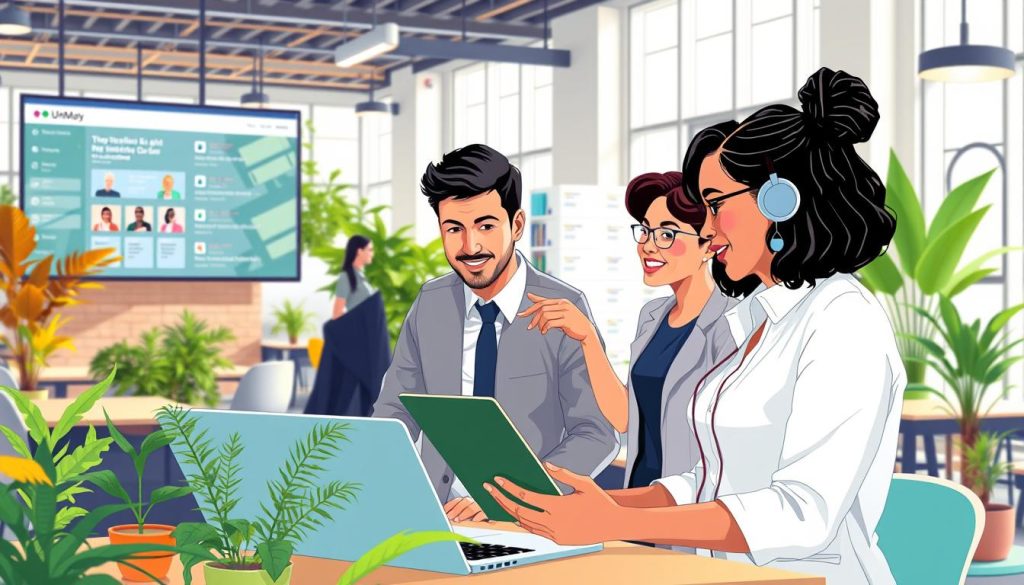 A vibrant illustration of a dynamic freelance work platform titled "Free-Work" by Umalis Group, featuring a diverse group of four IT professionals collaborating on digital devices, surrounded by a modern office environment. In the foreground, a man and a woman, both in professional business attire, are discussing a project on a laptop, while another woman gestures towards a large screen displaying job listings. The background shows a bright, open workspace filled with greenery and modern furniture, with large windows allowing natural light to flood in. The atmosphere is collaborative and energetic, reflecting a bustling community of IT freelancers engaged in problem-solving and networking. The overall color palette is warm and inviting, conveying a sense of opportunity and connection.