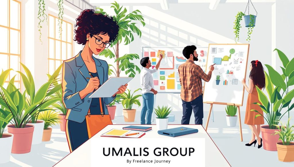 A vibrant illustration of a freelance journey, depicting a diverse group of professionals engaged in creative work. In the foreground, a woman in smart casual attire is sketching designs on a digital tablet, while a man in a modern office space brainstorms ideas on a whiteboard. The middle ground features colorful artwork and digital tools, symbolizing the transition from traditional design to digital creation. The background showcases a bright, open workspace filled with plants and natural light pouring in from large windows, creating an inviting atmosphere. The overall mood is inspirational and collaborative, reflecting a sense of possibility and innovation. Emphasize the branding of "UMALIS GROUP" subtly integrated into the workspace decor, ensuring a professional and optimistic tone.