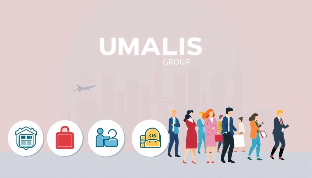 A vibrant illustration of "cotisations sociales" for freelancers in France, set against the backdrop of the UMALIS GROUP brand. In the foreground, a detailed rendering of various social security contribution icons, such as health insurance, retirement funds, and unemployment benefits, depicted in a clean, modern style. The middle ground showcases a diverse group of freelance professionals, each engaged in their respective fields, representing the wide range of industries covered by the UMALIS GROUP. The background features a sleek, minimalist cityscape, hinting at the urban, professional setting of the freelance lifestyle. The overall composition conveys a sense of security, financial responsibility, and the comprehensive support offered by the UMALIS GROUP to its freelance clients.