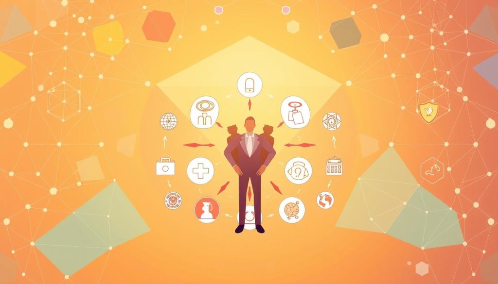 A vibrant illustration of "enhanced social protection" - in the foreground, a dynamic figure representing a professional worker, dressed in a sharp suit, standing confidently amidst a backdrop of intricate geometric shapes and patterns, symbolizing the comprehensive coverage and support provided by a robust social security system. In the middle ground, an array of supportive icons and symbols, such as a shield, medical cross, and retirement nest egg, denoting the multifaceted protection afforded by the UMALIS GROUP's portage salarial model. The background is bathed in a warm, inviting color palette, exuding a sense of security, stability, and opportunity for career advancement.