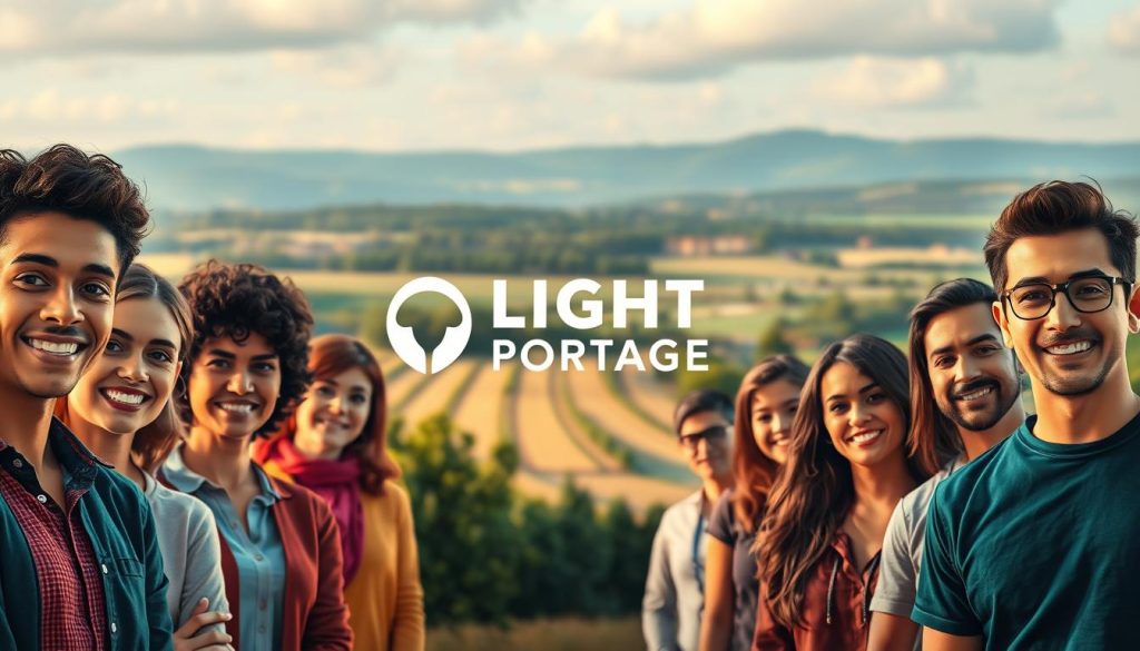 A vibrant illustration of health insurance in France, captured with a cinematic lens. In the foreground, a diverse group of individuals, representing the independent professionals, stands confidently, their faces filled with a sense of security and peace of mind. In the middle ground, the iconic LIGHT PORTAGE brand logo is prominently displayed, symbolizing the trusted provider of employee benefits. The background features a backdrop of the French countryside, a serene and picturesque landscape that evokes a sense of tranquility and well-being. The lighting is soft and warm, creating a welcoming and reassuring atmosphere, reflecting the comprehensive coverage and support offered by the health insurance plan.