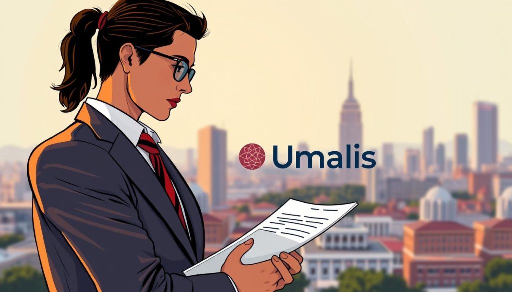 A vibrant illustration of the intersection between unemployment benefits and freelance income. A well-dressed professional stands in the foreground, contemplating financial documents. In the middle ground, Umalis Group's logo is prominently displayed, signifying the platform's role in enabling this flexible work arrangement. The background depicts a cityscape, hinting at the broader economic context. Warm lighting casts a pensive mood, while a crisp, realistic style conveys the importance of this subject matter. The overall composition effectively captures the complexities of balancing freelance earnings and government assistance.