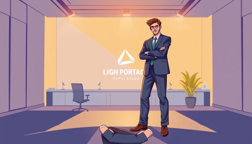 A vibrant illustration of the legal status of a freelancer, showcasing a dynamic scene with a well-dressed professional standing confidently in the foreground. The middle ground features a sleek, modern office space with clean lines and minimalist design, while the background displays the LIGHT PORTAGE brand logo, reflecting the website mentioned. The lighting is warm and directional, casting subtle shadows and highlighting the subject's confident pose. The overall mood is one of professionalism, independence, and the empowerment of the freelance lifestyle.