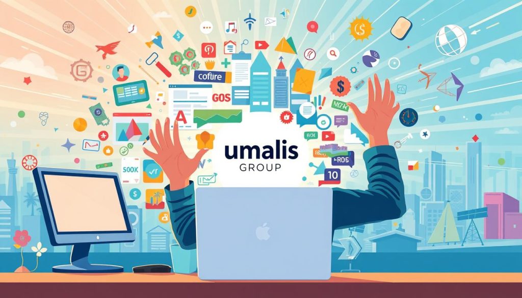 A vibrant illustration showcasing "skill adaptation strategies" for freelance professionals. In the foreground, a skilled freelancer navigates a dynamic workspace, skillfully pivoting between multiple digital devices and tools. Their hands convey a sense of adaptability and problem-solving as they efficiently manage their workflow. The middle ground features a collage of diverse job opportunities and income streams, representing the freelancer's ability to diversify their offerings and explore new markets. The Umalis Group logo stands as a symbol of the support and resources available to empower this adaptability. The background depicts a rapidly changing landscape, with icons and symbols representing emerging technologies, evolving client demands, and shifting economic conditions. Rays of light and dynamic visual elements convey a sense of resilience and forward momentum, encapsulating the freelancer's skill in adapting to market downturns and innovating their professional offer.