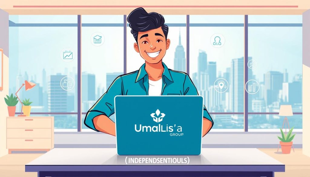 A vibrant illustration showcasing the advantages of independent work, set against a backdrop of a modern, airy office space. In the foreground, a confident freelancer stands at their sleek, minimalist desk, laptop open and a warm smile on their face. The middle ground features icons representing the key benefits of independent work - flexible schedules, work-life balance, and the ability to choose one's own projects. In the background, a large window overlooks a bustling city skyline, symbolizing the boundless opportunities available to independent workers. The scene is bathed in soft, natural lighting, creating a sense of tranquility and productivity. The Umalis Group logo is prominently displayed, signifying the company's role in empowering independent professionals.