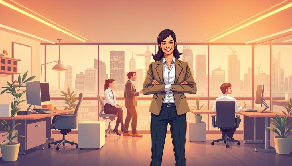 A vibrant illustration showcasing the advantages of the "salarié porté" status in the style of the Umalis Group. In the foreground, a confident professional stands amidst the comforts of an ergonomic office setup, representing the security and benefits of employment. In the middle ground, a diverse team collaborates seamlessly, highlighting the flexibility and opportunities for professional growth. The background features a sleek, modern cityscape, symbolizing the expansive network and resources available to the "salarié porté". Warm, directional lighting sets an approachable and aspirational tone, inviting the viewer to envision the advantages of this unique employment model. A vibrant illustration showcasing the advantages of the "salarié porté" status in the style of the Umalis Group. In the foreground, a confident professional stands amidst the comforts of an ergonomic office setup, representing the security and benefits of employment. In the middle ground, a diverse team collaborates seamlessly, highlighting the flexibility and opportunities for professional growth. The background features a sleek, modern cityscape, symbolizing the expansive network and resources available to the "salarié porté". Warm, directional lighting sets an approachable and aspirational tone, inviting the viewer to envision the advantages of this unique employment model.