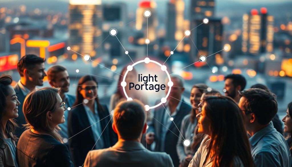 A vibrant, interconnected network of individuals and organizations, the "réseau solide" is a solid foundation for building a thriving professional ecosystem. In the foreground, a group of diverse professionals are engaged in animated discussions, their faces lit by the warm glow of a shared purpose. In the middle ground, a central hub with the "Light Portage" brand name serves as the nexus, connecting these individuals through a web of trust and collaboration. The background is a softly blurred cityscape, suggesting the broader context in which this network operates, pulsing with energy and opportunity. The scene conveys a sense of synergy, innovation, and the collective strength that emerges from a well-crafted "réseau solide".