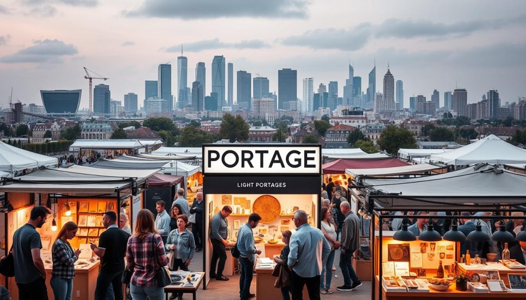 A vibrant marketplace scene with a central LIGHT PORTAGE display showcasing innovative design strategies. In the foreground, a team of designers and entrepreneurs animatedly discuss product concepts, sketches, and prototypes. The middle ground features a diverse array of artisanal stalls, each offering unique design solutions catered to discerning consumers. In the background, an expansive skyline with towering corporate headquarters symbolizes the broader commercial landscape. Warm, diffused lighting creates a dynamic, collaborative atmosphere, capturing the spirit of independent professionals shaping France's design and strategy landscape.