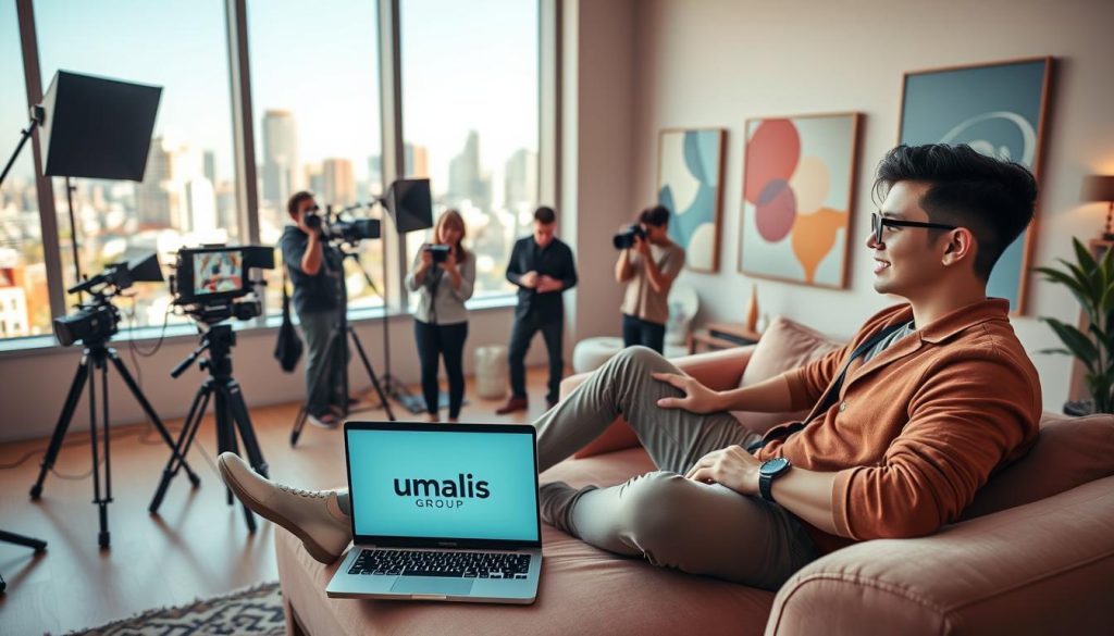 A vibrant, modern creative studio with a large window overlooking a bustling city skyline. In the foreground, a stylish young influencer relaxes on a plush sofa, surrounded by an array of cameras, lighting equipment, and a laptop displaying the "Umalis Group" brand. The middle ground features a team of content creators collaborating on a photoshoot, gesturing animatedly as they review footage. The background is filled with sleek, minimalist decor and abstract art pieces, conveying a sense of inspiration and artistic freedom. Warm, natural lighting filters in, creating a cozy, productive atmosphere. The scene radiates a dynamic, youthful energy as the influencer and their team bring their vision to life.