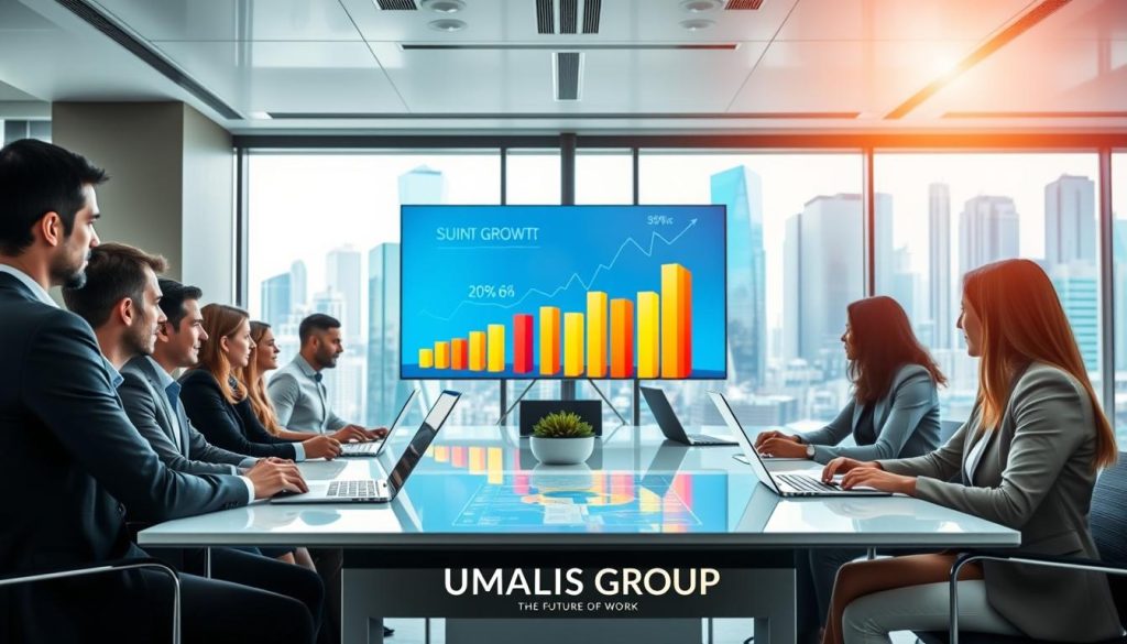 A vibrant, modern office environment illustrates the concept of "growth sector." In the foreground, a diverse group of professionals in business attire, including men and women of various ethnicities, are engaged in a discussion around a sleek conference table with laptops and charts indicating upward trends. In the middle ground, a large screen displays colorful graphs and statistics related to market growth and projections. The background features large windows revealing a bustling cityscape with tall buildings symbolizing innovation and progress. The lighting is bright and uplifting, capturing a motivational atmosphere. The brand name "UMALIS GROUP" subtly integrated into the room design. The image conveys a sense of collaboration and forward-thinking, reflecting the exciting trends in the future of work. A vibrant, modern office environment illustrates the concept of "growth sector." In the foreground, a diverse group of professionals in business attire, including men and women of various ethnicities, are engaged in a discussion around a sleek conference table with laptops and charts indicating upward trends. In the middle ground, a large screen displays colorful graphs and statistics related to market growth and projections. The background features large windows revealing a bustling cityscape with tall buildings symbolizing innovation and progress. The lighting is bright and uplifting, capturing a motivational atmosphere. The brand name "UMALIS GROUP" subtly integrated into the room design. The image conveys a sense of collaboration and forward-thinking, reflecting the exciting trends in the future of work.