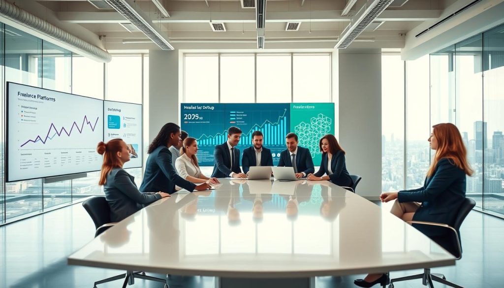 A vibrant, modern office environment showcasing digital platforms in an entrepreneurial context. In the foreground, a diverse group of professionals, dressed in formal business attire, engage in a collaborative discussion around a sleek conference table with laptops and digital devices. The middle ground features large screens displaying analytics and digital charts, illustrating the success of freelance platforms. In the background, large windows reveal a city skyline, symbolizing growth and connectivity. Soft, natural lighting filters through, creating an upbeat and motivational atmosphere. The overall mood is dynamic and inspiring, emphasizing the role of companies like UMALIS GROUP in shaping the future of freelance work. Use a wide-angle lens to capture the depth of the space and focus on the interactions among the individuals.