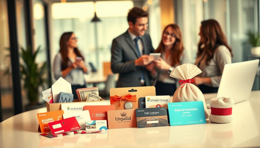 A vibrant, modern office scene with a prominent display of referral incentives. In the foreground, an array of gift cards, merchandise, and cash rewards from the Umalis Group are showcased on a sleek, minimalist desk. The middle ground features a team of professionals collaborating and discussing referral strategies, their expressions conveying excitement and engagement. The background is bathed in warm, diffused lighting, creating a welcoming and productive atmosphere. The overall composition emphasizes the value and appeal of the referral incentives, encouraging viewers to consider implementing a successful referral marketing program.