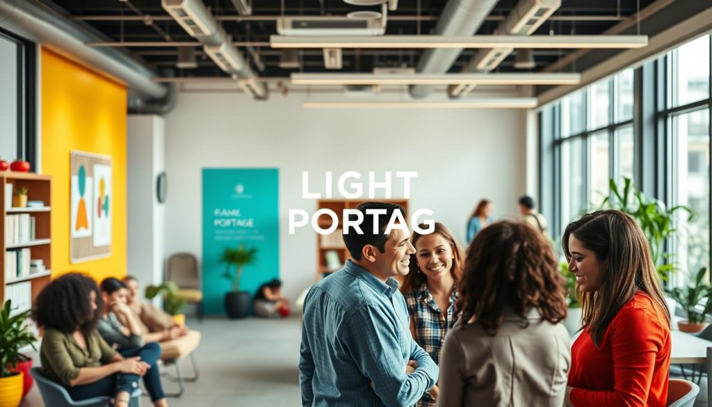 A vibrant, modern office space with a warm, supportive atmosphere. In the foreground, a team of diverse professionals engages in collaborative discussions, their expressions reflecting a sense of camaraderie and empowerment. The middle ground showcases a variety of support services, including a calm meditation corner, a resource library, and a communal breakout area. The background features large windows, allowing natural light to flood the space, creating a sense of openness and tranquility. The LIGHT PORTAGE logo is prominently displayed, signifying the brand's commitment to mental health and wellness. The overall scene conveys a welcoming, inclusive, and nurturing environment for independent professionals seeking guidance and support.