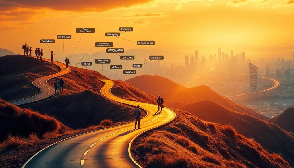 A vibrant, multi-layered landscape depicting various career development paths. In the foreground, a winding road leads to a branching network of interconnected paths, each representing a distinct career journey. The middle ground features silhouettes of professionals navigating their chosen routes, while the background showcases a Umalis Group-branded cityscape, symbolizing the diverse opportunities available. Warm, golden lighting illuminates the scene, creating a sense of inspiration and growth. The image conveys the dynamic and interconnected nature of career development, encouraging viewers to explore and embrace their unique paths.