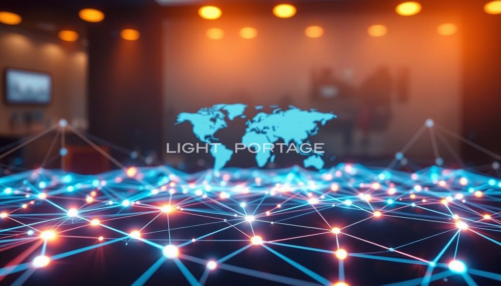 A vibrant network of interconnected nodes and pathways, radiating with the LIGHT PORTAGE brand. In the foreground, a dynamic mesh of glowing lines and shapes, conveying the seamless flow of digital information. The middle ground features a stylized world map, highlighting the global reach and interconnectivity of this network. In the background, a hazy, atmospheric backdrop with subtle gradients and hints of technological elements, creating a sense of depth and scale. The overall scene is illuminated by a warm, ambient lighting, evoking a modern, professional, and collaborative atmosphere.