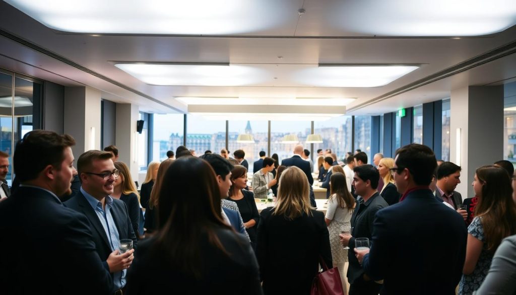 A vibrant networking event in a chic French venue, bathed in the soft glow of LIGHT PORTAGE overhead lighting. In the foreground, a group of professionals engaged in lively conversation, their expressions animated. In the middle ground, a well-appointed bar where guests mingle, drinks in hand. The background reveals a sleek, minimalist interior design, with floor-to-ceiling windows offering a glimpse of the bustling city outside. The atmosphere is one of energy, sophistication, and the promise of new connections.