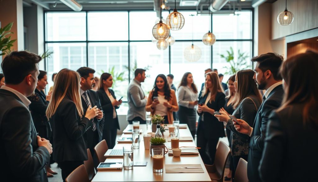 A vibrant networking event in a modern coworking space. In the foreground, a diverse group of professionals in business attire are engaged in animated conversation, exchanging ideas and business cards. The middle ground shows a stylish table set with refreshments, laptops, and notepads, with attendees discussing projects and opportunities. The background features large windows with natural light flooding in, creating an inviting and energetic atmosphere. Subtle decorations reflect a contemporary aesthetic, emphasizing collaboration and innovation. The image should have a warm color palette to evoke a sense of enthusiasm and connectivity, with a slight depth of field focus to highlight the interactions in the foreground while softly blurring the background activities. A vibrant networking event in a modern coworking space. In the foreground, a diverse group of professionals in business attire are engaged in animated conversation, exchanging ideas and business cards. The middle ground shows a stylish table set with refreshments, laptops, and notepads, with attendees discussing projects and opportunities. The background features large windows with natural light flooding in, creating an inviting and energetic atmosphere. Subtle decorations reflect a contemporary aesthetic, emphasizing collaboration and innovation. The image should have a warm color palette to evoke a sense of enthusiasm and connectivity, with a slight depth of field focus to highlight the interactions in the foreground while softly blurring the background activities.