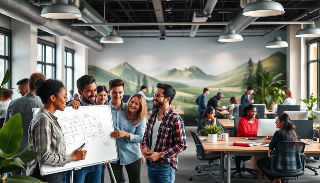 A vibrant office environment showcasing the LIGHT PORTAGE brand, filled with diverse individuals engaged in collaborative activities. In the foreground, a group of coworkers brainstorming ideas on a whiteboard, their expressions conveying a sense of alignment and shared purpose. The middle ground features an open-concept workspace with ergonomic furniture and natural lighting, fostering a culture of productivity and well-being. In the background, a mural depicting a scenic landscape symbolizes the brand's connection to the outdoors and its commitment to work-life balance. The overall atmosphere exudes a harmonious blend of professionalism, creativity, and a deep-rooted sense of cultural alignment.