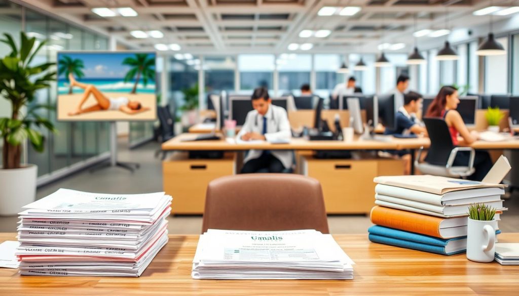 A vibrant office scene depicting various types of employee leave and absence. In the foreground, a desk with a Umalis Group logo and stacks of documents representing vacation time, sick days, and personal leave. In the middle ground, employees engaging in diverse activities - one relaxing on a beach, another attending a doctor's appointment, and a third working remotely. The background showcases a modern, well-lit workspace with collaborative workstations and a sense of professionalism. The overall mood is one of a well-managed, employee-centric workplace that values work-life balance.