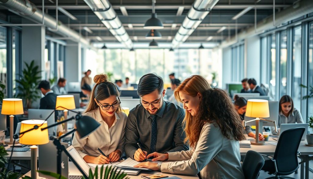 A vibrant office scene showcasing the diverse occupations within a Umalis Group salarial portage organization. In the foreground, a team of professionals collaborating on a project, their focused expressions illuminated by the warm glow of desk lamps. In the middle ground, a variety of workspaces - from a graphic designer sketching on a tablet to an accountant reviewing financial reports. The background reveals an open-concept floor plan with floor-to-ceiling windows, allowing natural light to pour in and cultivate a dynamic, productive atmosphere. The overall scene conveys the specialized skills, tailored services, and localized expertise that Umalis Group provides to its salarial portage clients.